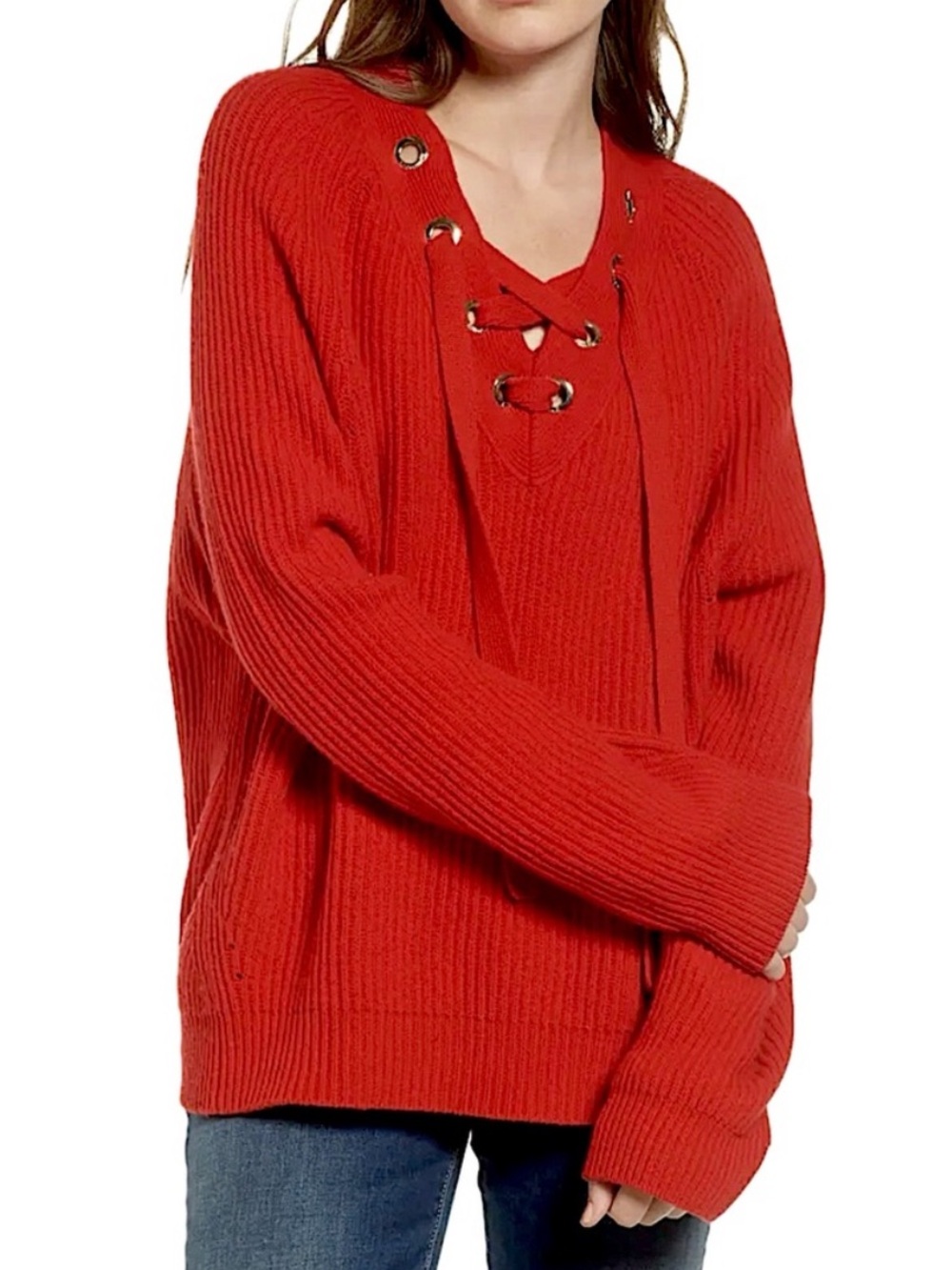 Zadig & Voltaire | Kassy Red Lace Ribbed Wool Cashmere Luxury Sweater FLAWED